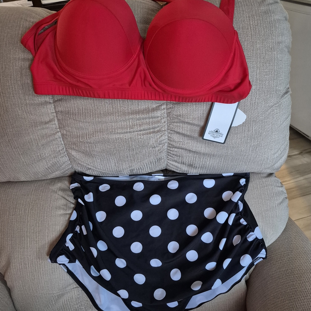 Red Bikini Top and Black Polka Dot Bottom Set
